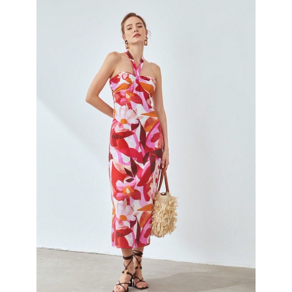 MOTF Halter Maxi Dress Pink Floral Linen Blend Ruched Women Medium NWT